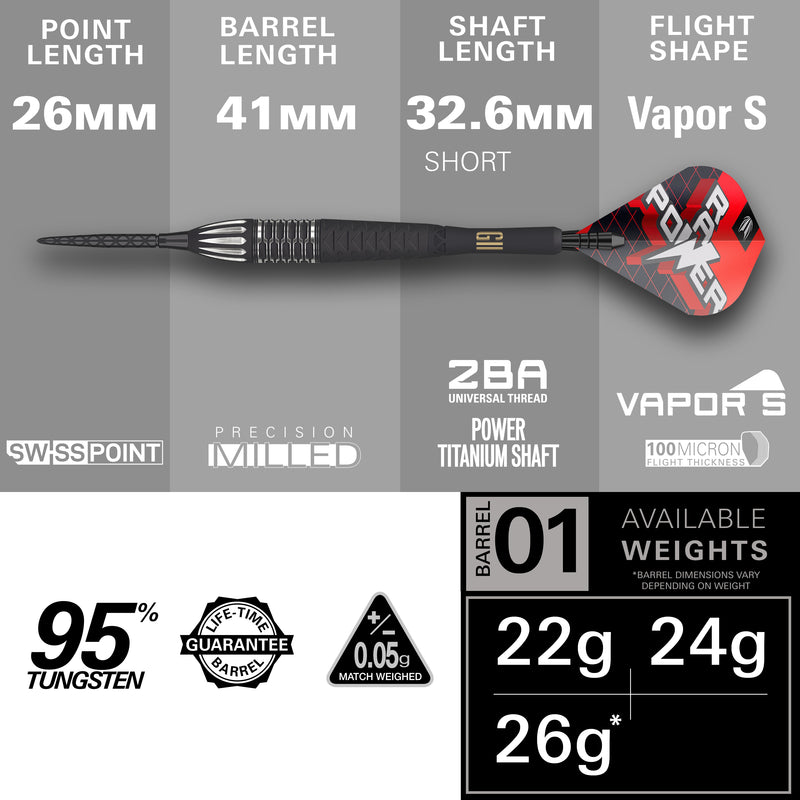 PHIL TAYLOR RAW POWER G11 95% STEEL TIP DARTS